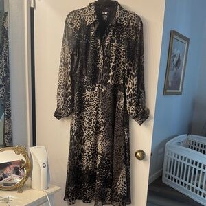 DKNY Black and Gray Animal Print Long Sleeve Dress